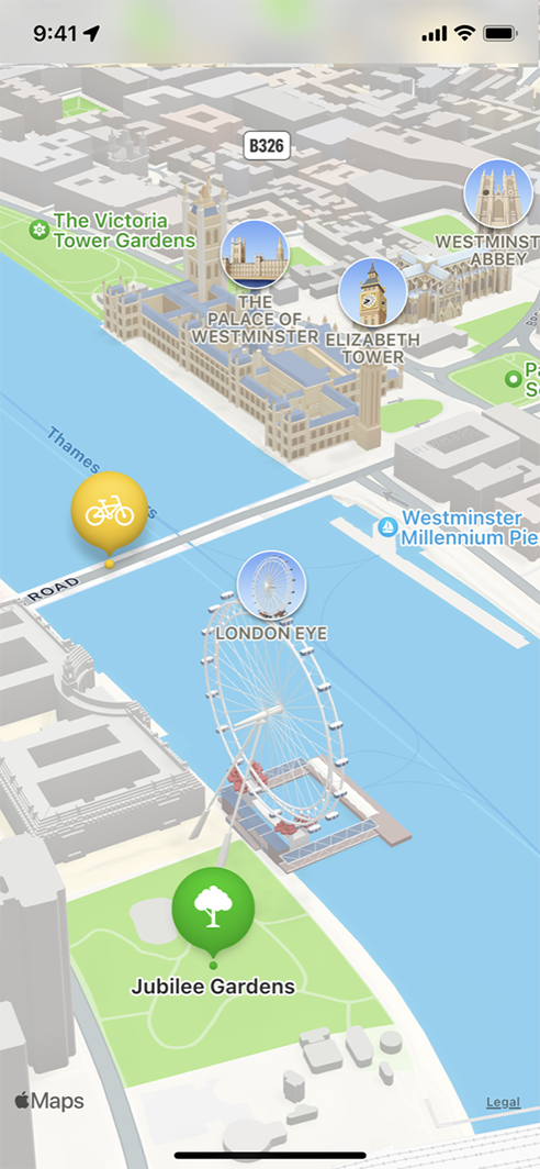 An iPhone displaying Apple Maps in 3D