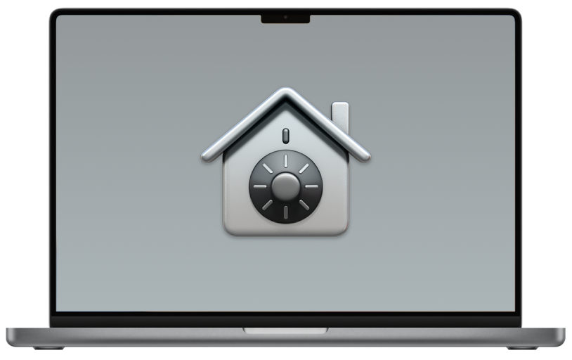 Macノートパソコンが開いていて、FileVaultのアイコンが表示されています。