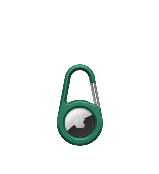 The Belkin Secure Holder with Carabiner, in green, with AirTag in place displaying Apple logo.