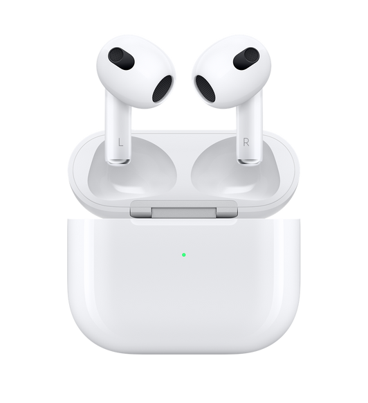 Front view of AirPods (3rd generation) above an open Charging Case, fully charged. 