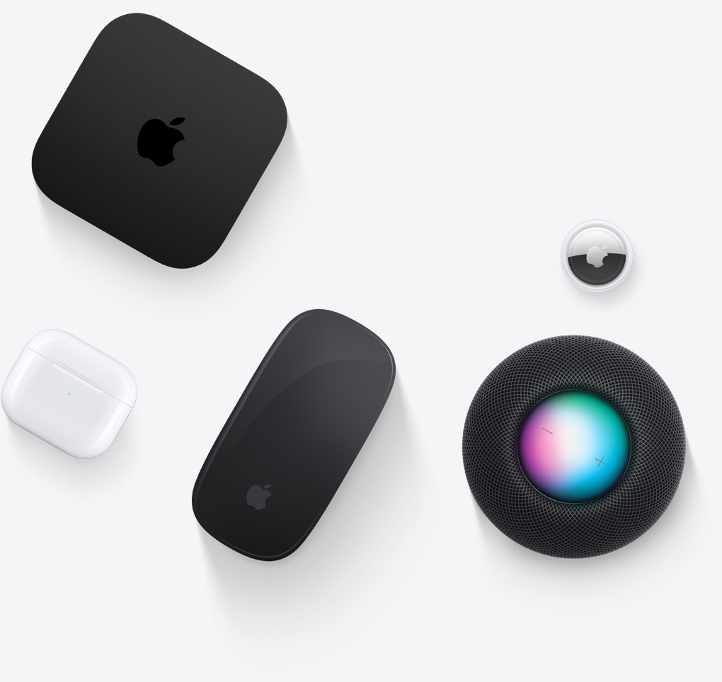 A variety of Apple products, including Apple TV 4K, Magic Mouse, an AirPods case, HomePod mini and AirTag.