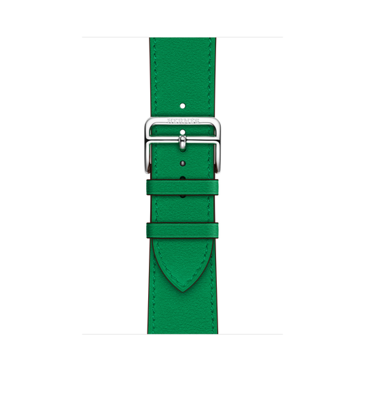 Apple Watch Hermès - 45mm Bamboo (bright green) Swift Leather Single Tour features handcrafted leather, with a stainless steel buckle that recalls the straps of a saddle, a nod to the equestrian heritage of Hermès.
