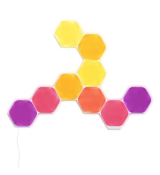 Nanoleaf Shapes Hexagons Smarter Kitに入っている9枚のLEDライトパネルは、創造力を活かして空間をカスタマイズする可能性を無限に広げる。