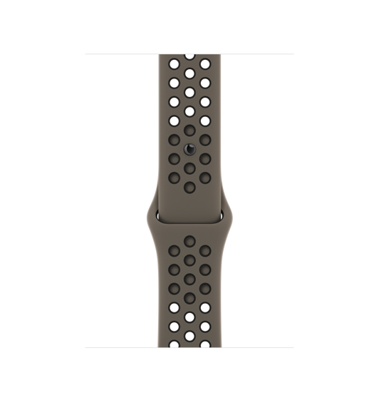 Apple Watch 45mmケース用オリーブグレー/ブラックNikeスポーツバンド。通気性を確保するために、圧縮成形された通気穴があいている。