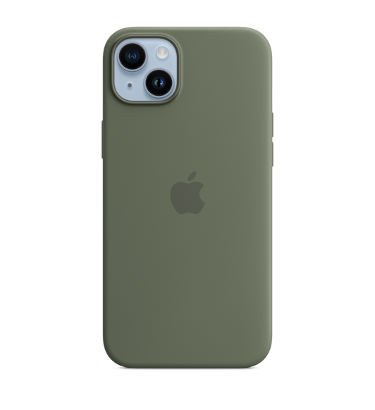 ブルーのiPhone 14 Plusに装着したオリーブのMagSafe対応iPhone 14 Plusシリコーンケース。