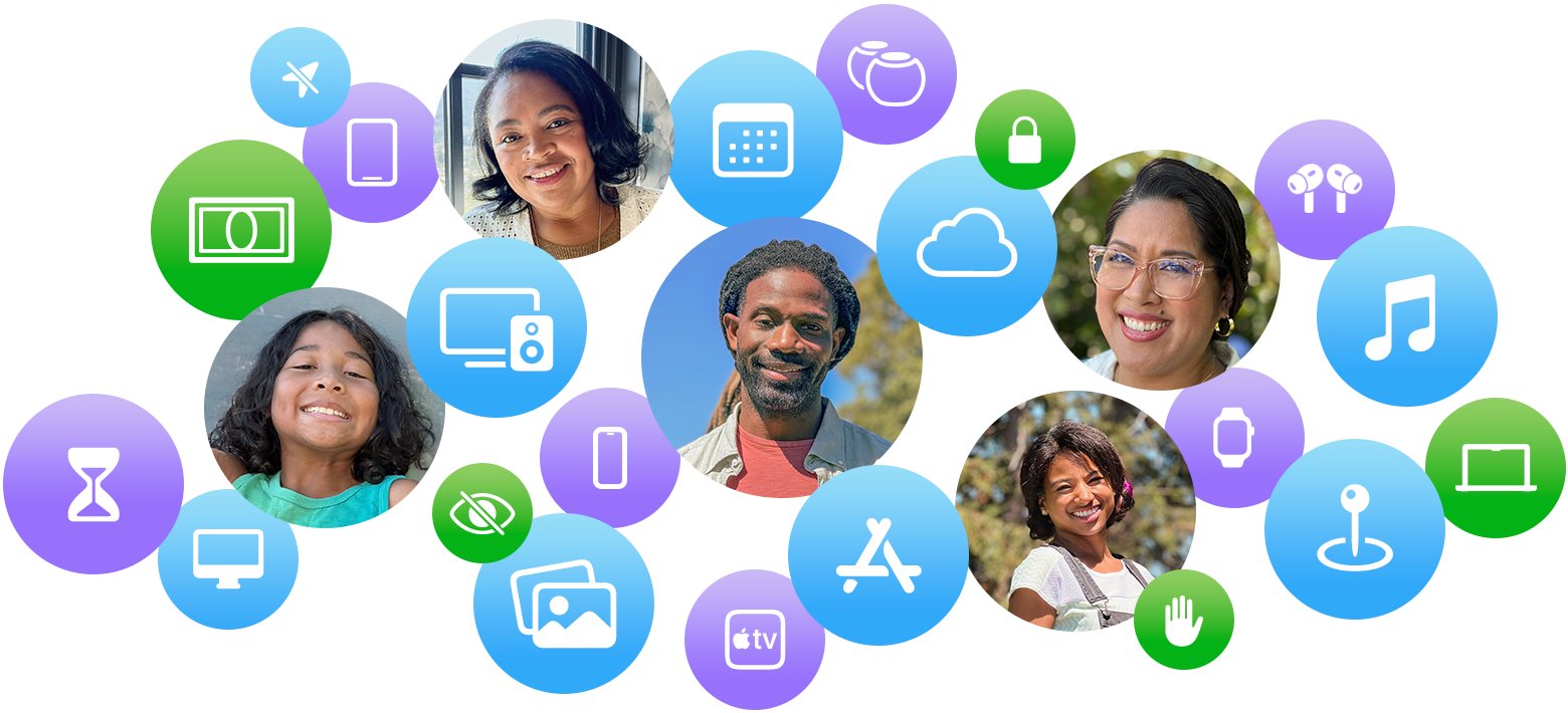 Five smiling family members are shown with icons of iCloud, photos, Apple TV+, and other Apple products and services.