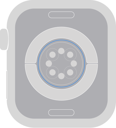 Apple Watch Series 6 や Series 7 の背面の血中酸素ウェルネスのセンサーと光学式心拍センサーを示した画像