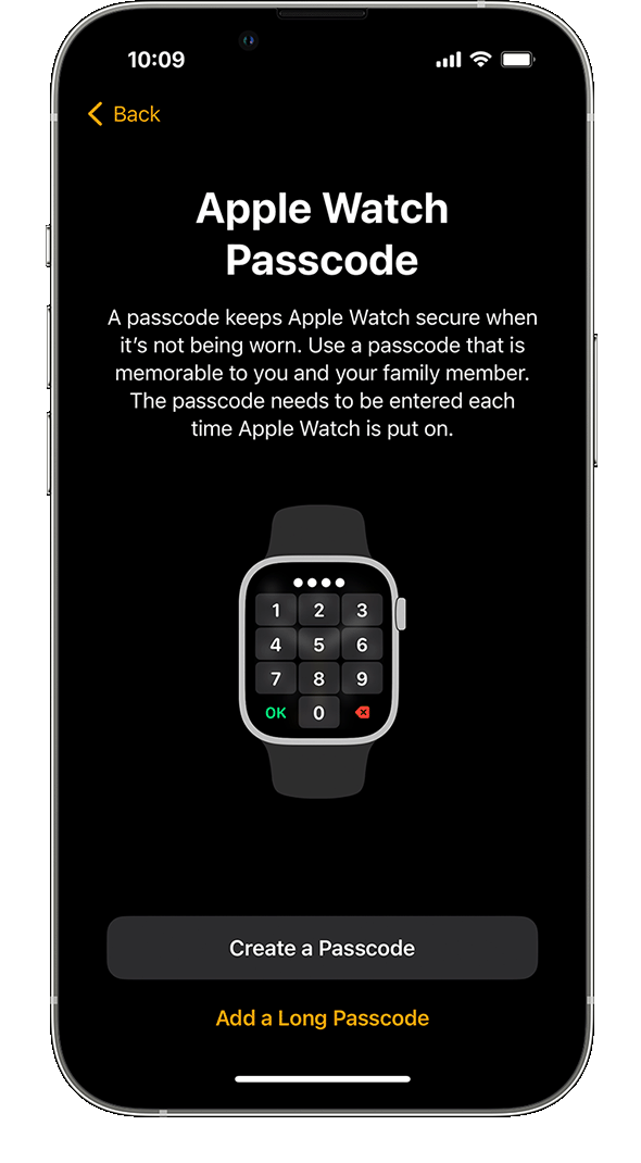 The Apple Watch passcode setup screen on an iPhone.