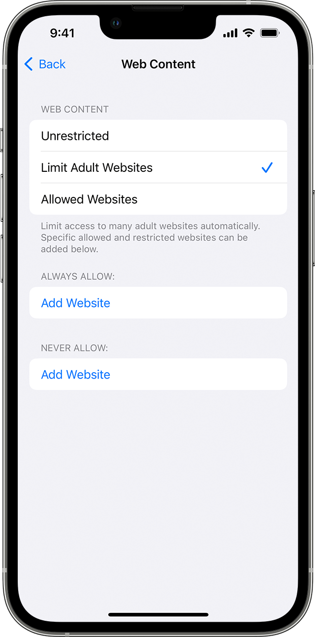 An iPhone showing the Web Content screen. Under Web Content, the Limit Adult Websites option is selected with a checkmark next to it.