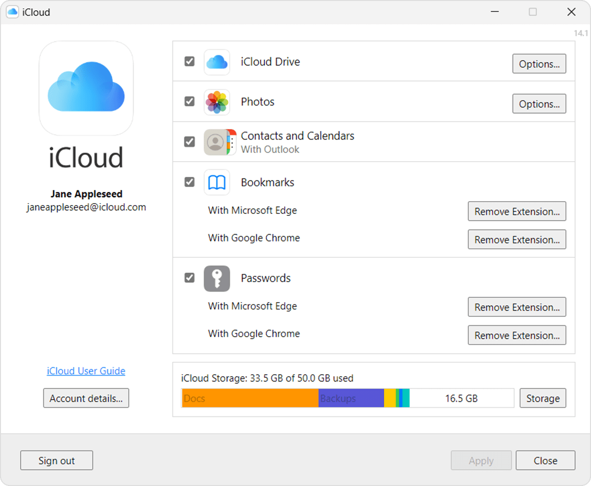 In iCloud for Windows, your Apple ID email address is listed underneath your name. 