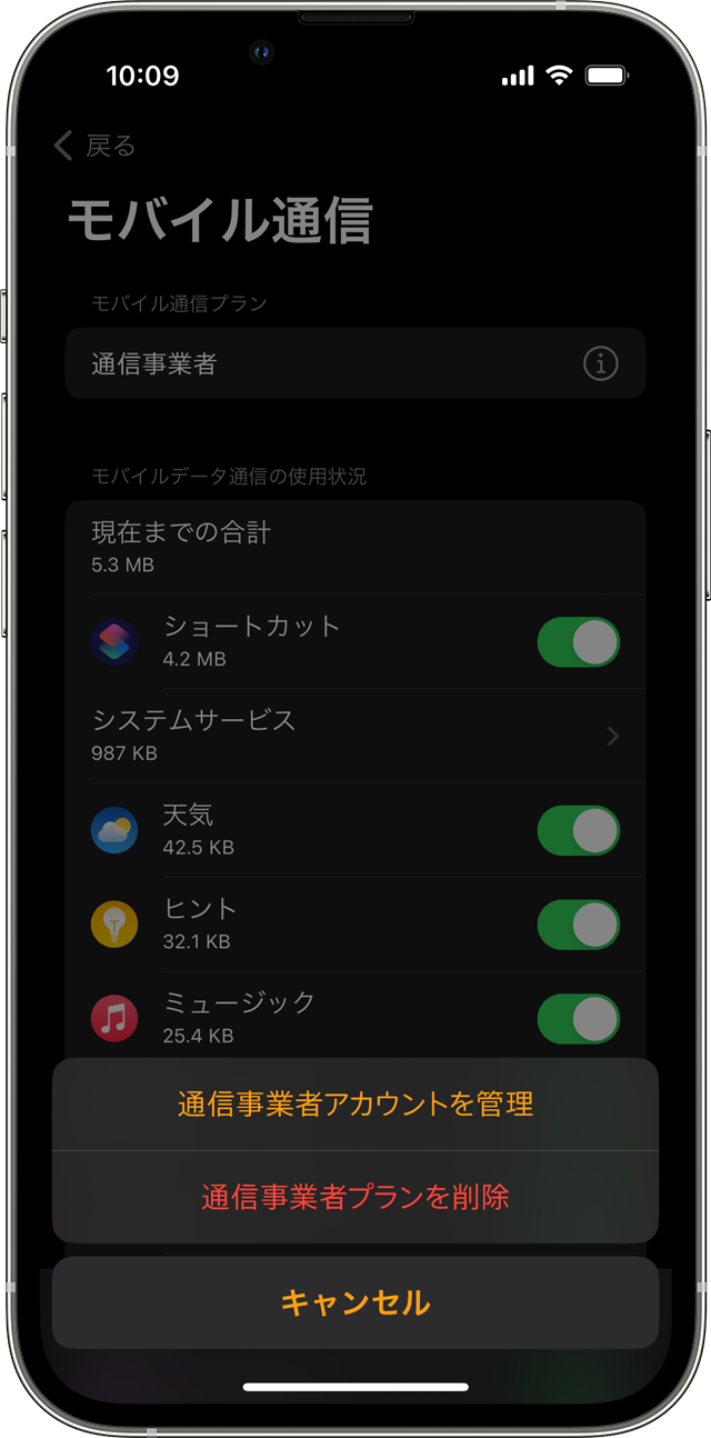 iPhone の Watch App に「モバイル通信」画面が表示されているところ