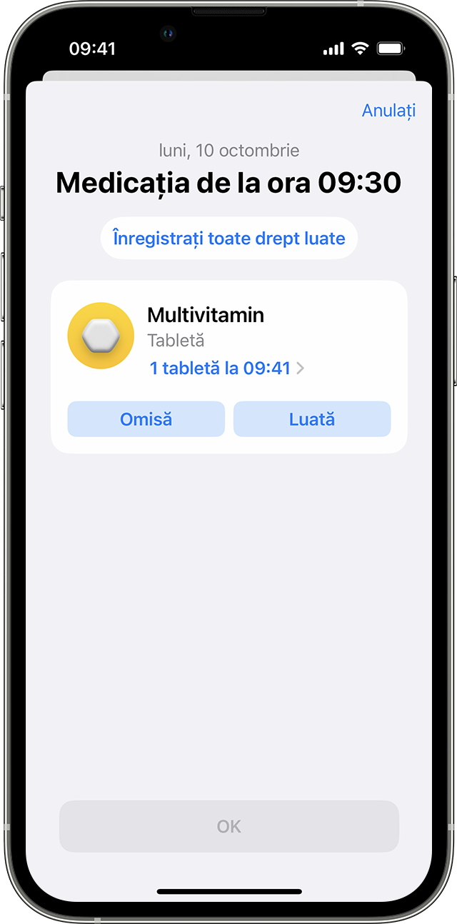 Un iPhone care afișează opțiunile de înregistrare a unui medicament ca Omis sau Luat.