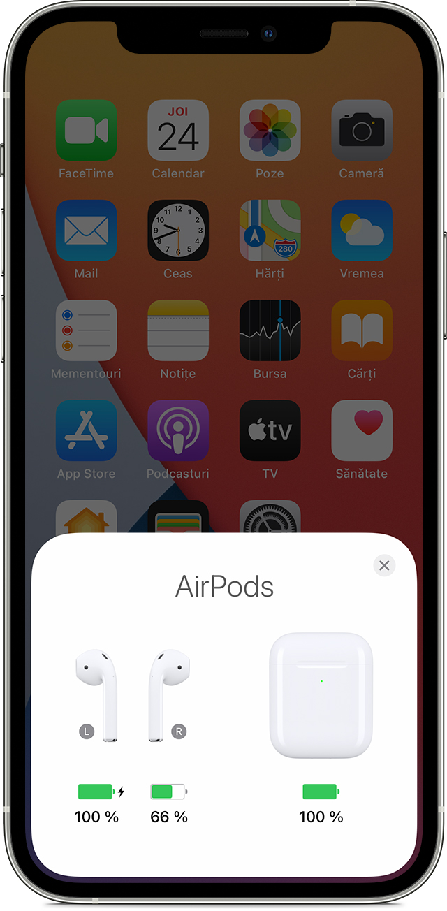 Starea de încărcare a căștilor AirPods pe ecranul dispozitivului iPhone