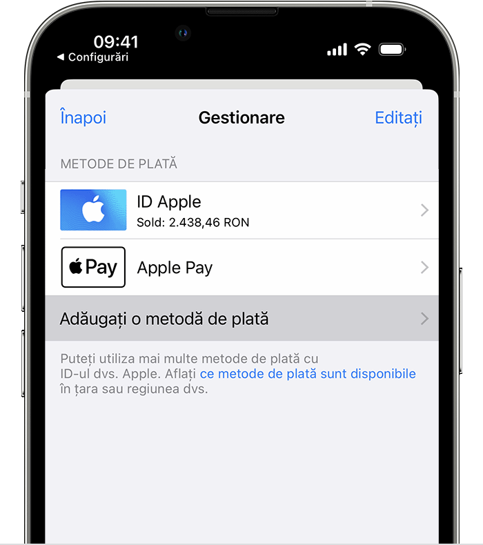 Pe iPhone, butonul Adăugați o metodă de plată apare sub lista de metode de plată.