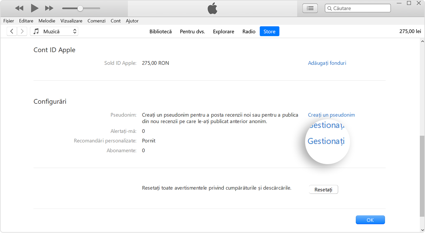 Butonul Gestionați de lângă Abonamente în iTunes.
