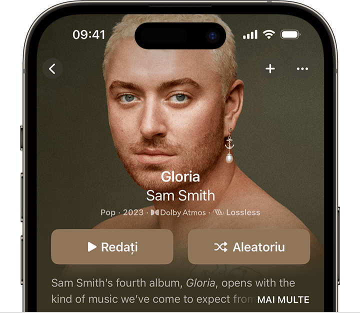 iPhone care afișează butonul Redare aleatorie în partea de sus a unui album în aplicația Apple Music