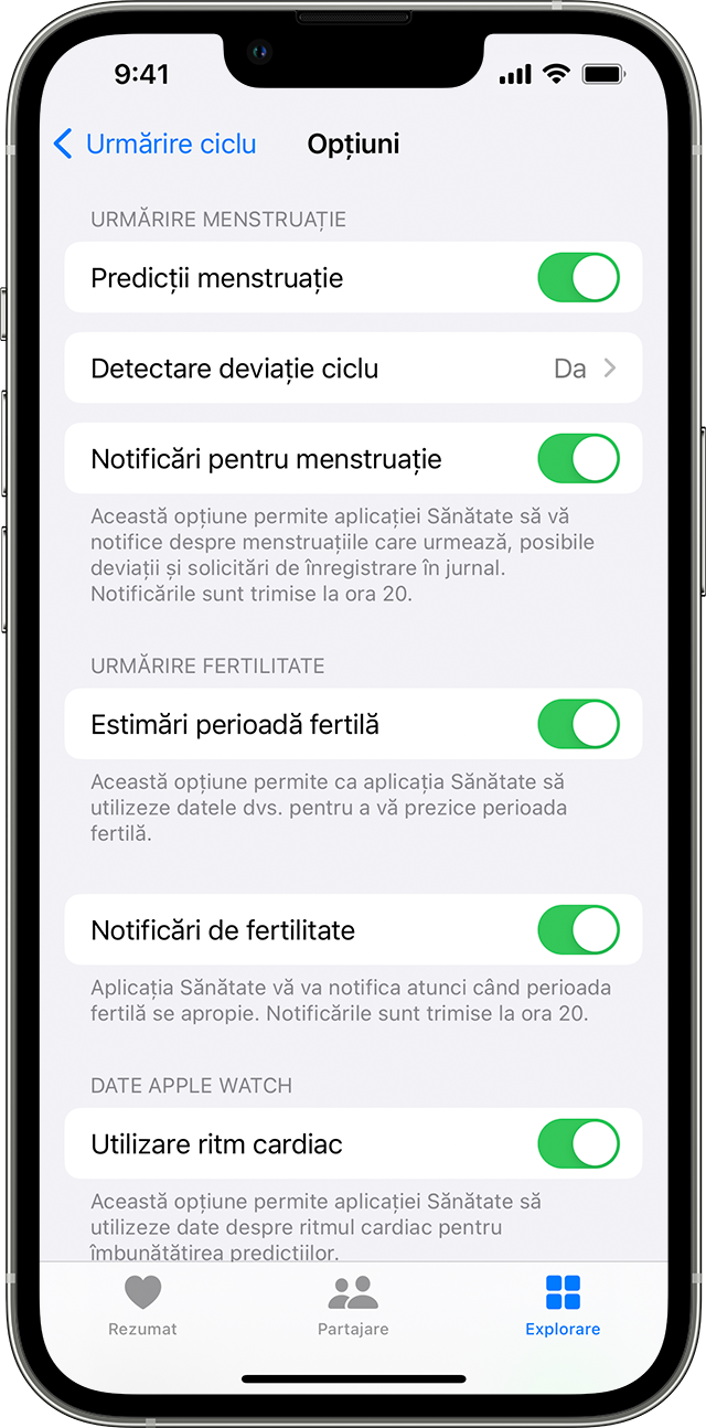 Opțiunile pentru notificările de urmărire a menstruației și fertilității din Urmărire ciclu pe iPhone