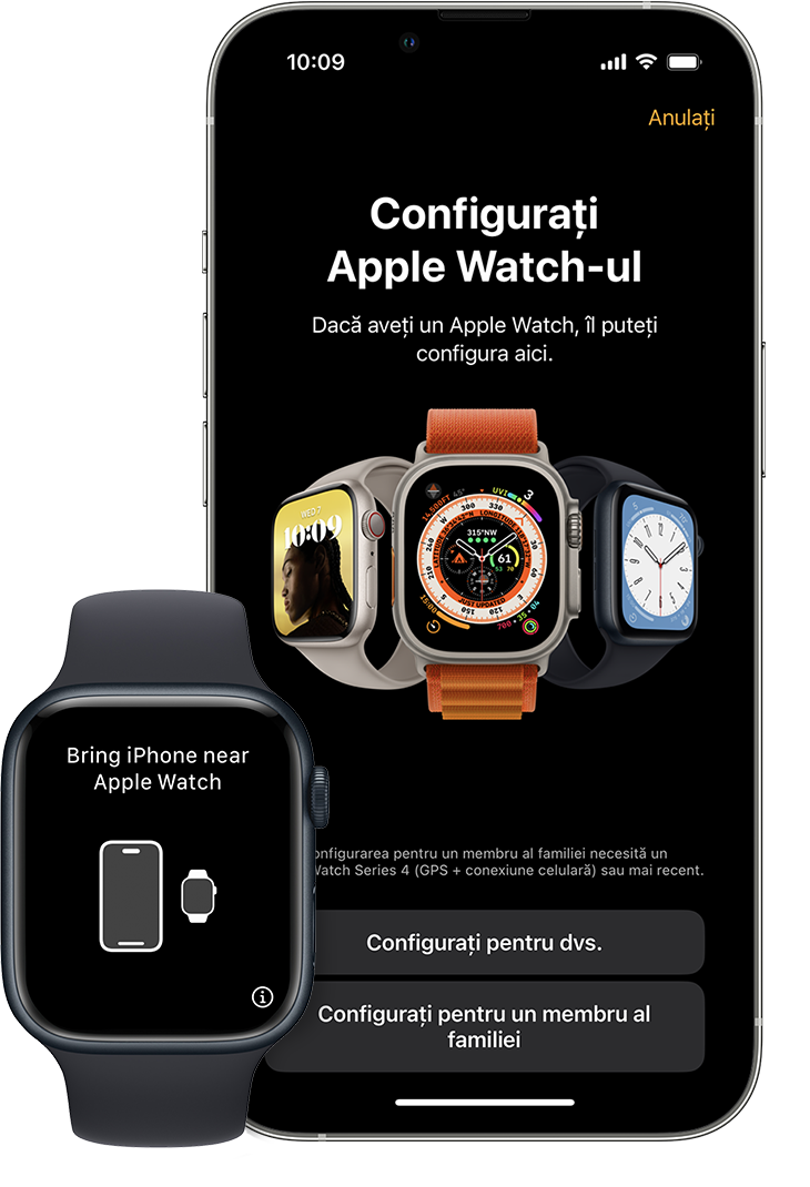 Ecranul de configurare inițială pentru asocierea unui ceas nou pe un iPhone și Apple Watch.