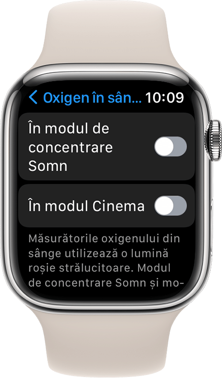 O captură de ecran a configurărilor pentru Oxigen în sânge pe un Apple Watch Series 7.