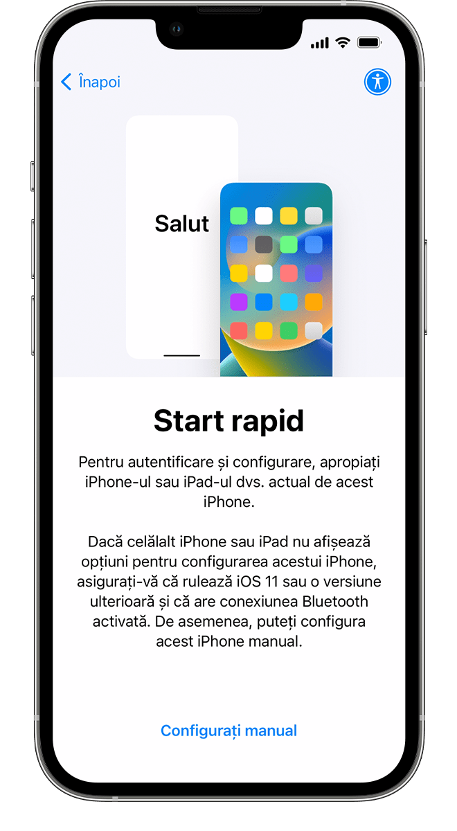 Un iPhone nou afișând ecranul Start rapid. Instrucțiunile te sfătuiesc să aduci dispozitivul actual în apropierea dispozitivului vechi.