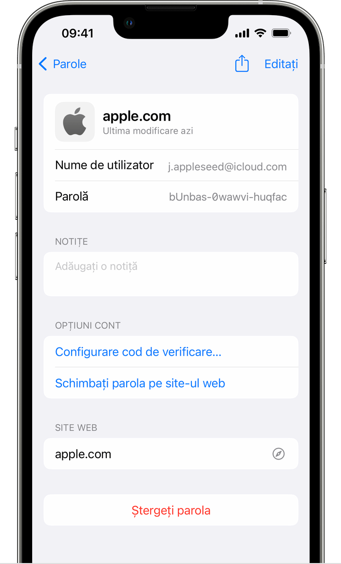 Un iPhone  arată detaliile contului pentru contul Apple al utilizatorului, inclusiv numele de utilizator și parola.
