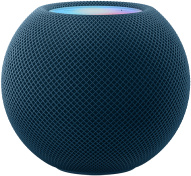 Blue HomePod mini with colourful pixels in motion above it spelling the word “mini”.