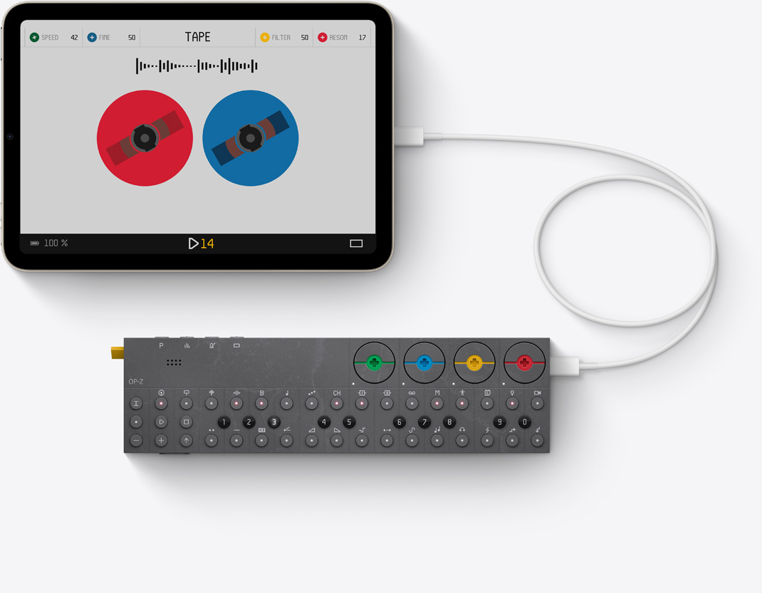 iPad mini, milles kuvatakse Thunderboltiga ühendatud rakendust OPZ
